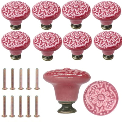 Meubelknoppen Set Oudroze Keramiek Rond met Bloem - 10x Roze Kastknop met schroef - Vintage/Antiek handgreep voor deur en lade