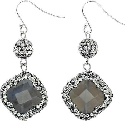 Edelstenen oorbellen Bright Grey Agate For Leaf Clover - oorhanger - agaat - sterling zilver (925) - grijs - stras steentjes - luxe sieraden doosje - dames oorbellen - grijze oorbellen