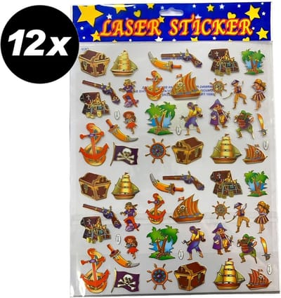 Piraten stickers glimmend A4 vel - SET VAN 12 VELLEN - laser stickers piraat