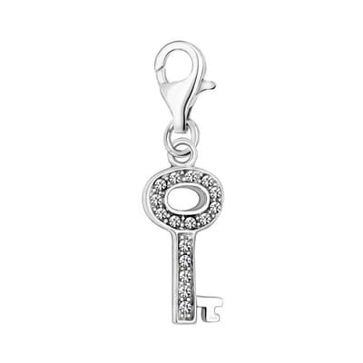 Quiges – 925 - Zilver – Charm - Bedel - Hanger - 3D Zirkonia Sleutel - met – sterling - zilver - karabijnslot - geschikt - voor -Bedelarmband HC061