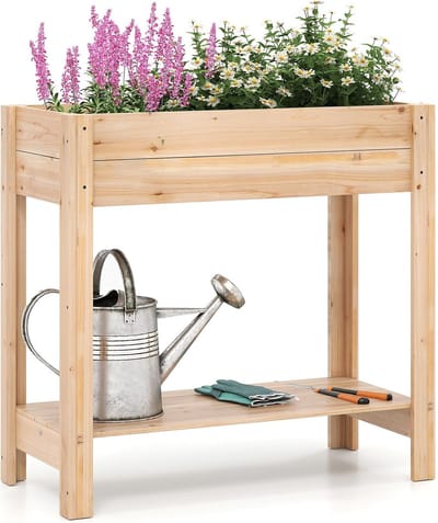 KOMFOTTEU Verhoogd groentebed van hout, met lamellenbodem en opbergvak, kruidenbed voor groenten, kruiden met bloemen, balkonbed voor tuin, balkon, terras, 81 × 37 × 78 cm