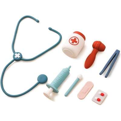 Jouet Médical en Silicone pour Bébé Outil Docteur Modèle de Jeu Stéthoscope Bouteille de Médicament Seringue Jouets en Silicone Sans BPA bleu