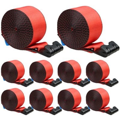 VEVOR Lierriemen, 10 cm x 9 m, draagvermogen 2725 kg, breeksterkte 8280 kg, vrachtwagenriemen met platte haak, lastcontrole voor aanhangwagens, boerderijen, reddingsacties, bomenredder, rood (10-pack)