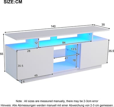 TV Meubel 140 cm met LED Verlichting, App-Gestuurd 16 Kleuren, Hoge Glans Wit, Geschikt voor 60 Inch TV, Mediameubel met Glazen Planken
