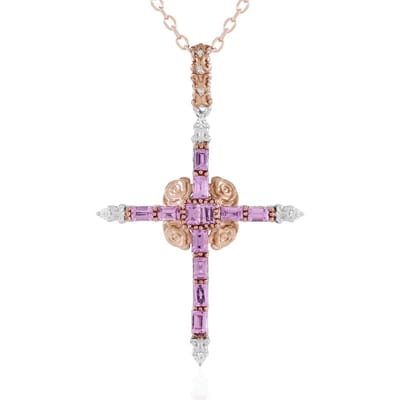 Cavill - Zilveren Ketting - 18K Rosé Goud Verguld - 12x Roze Madagaskar Saffier 0,972ct - 4x Rondgeslepen Zirkonen - Verstelbaar Elegant Kruis