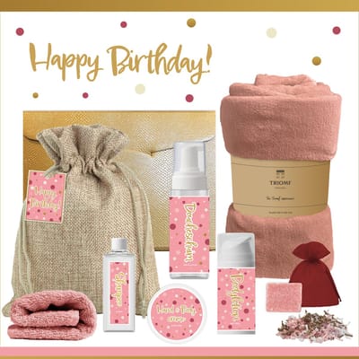 Geschenkset “Happy Birthday!” - 8 producten - 1210 gram - Triomf Cosmetica | Luxe Cadeaubox voor haar Wellness Pakket Meisje Giftset Party Cadeaupakket Jarige Verjaardag Gefeliciteerd Cadeau Speciaal Feestje Gift Set Oud Roze