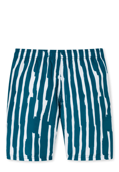 Zwemshort van geweven stof met strepen in de kleuren petroleum en aquablauw 140