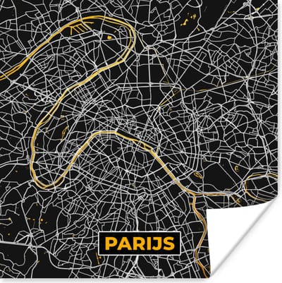 Poster Kaart - Parijs - Stadskaart - Goud - Plattegrond - 100x100 cm XXL