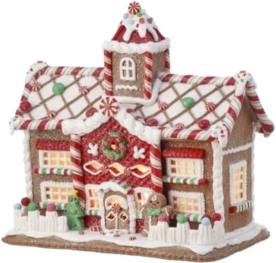 Viv! Christmas Kerstbeeld - Gingerbread Snoep Huis van Klei incl. LED Verlichting - bruin rood wit - 24cm