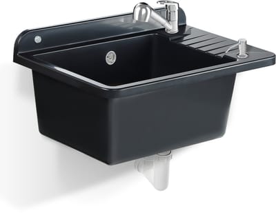 GOSPO Gootsteen van polystyreen, 50,5 x 34,5 cm, spoelbak met legplank, wastafel voor werkplaatsen, garages en bijkeuken (zwart, met kraan en dispenser)