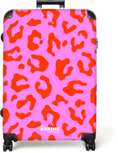 NoBoringSuitcases.com® - Koffer groot - Reiskoffer lichtgewicht - Panterprint in rood op roze achtergrond - Rolkoffer met 4 wielen - Grote trolley XL - 98 liter bagage