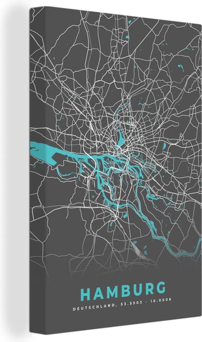 Canvas Schilderij Kaart – Plattegrond – Stadskaart – Hamburg – Duitsland – Blauw - 20x30 cm - Wanddecoratie