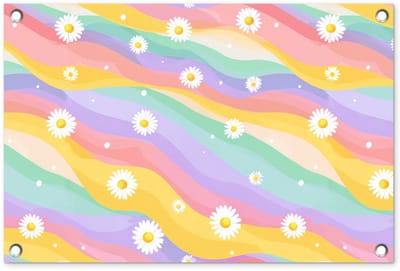 Tuinposter 60x40 cm - Tuindecoratie Madeliefjes - Kleurrijk - Pastel - Vrolijk - Poster voor in de tuin - Buiten decoratie - Schutting tuinschilderij - Tuindoek muurdecoratie - Wanddecoratie balkondoek