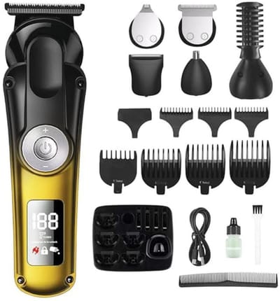 Professionele 6-in-1 Tondeuse voor Mannen - Waterdicht met LED-display en Draadloze Oplaadfunctie
