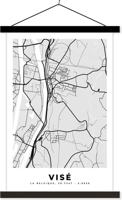 Posterhanger incl. Poster 40x60 cm - Schoolplaat - Zwart Wit – België – Plattegrond – Stadskaart – Kaart – Visé - Textielposter - Zwarte latten - Stadskaart