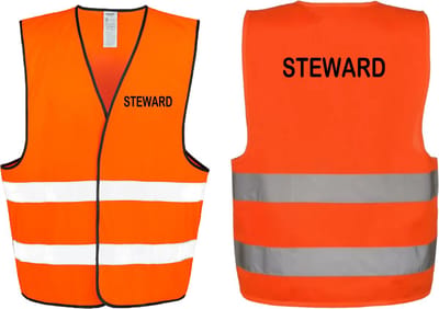 EIZOOK Veiligheidshesje-veiligheidsvest-STEWARD-BEDRUKT Voor en Achterzijde Oranje - EN ISO20471 -Specialties By Eizook