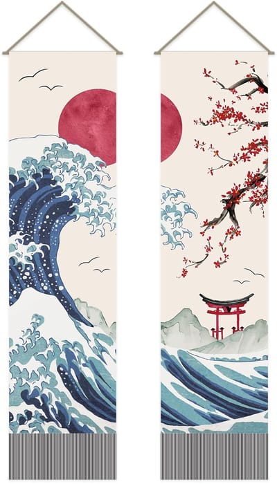 Pakket van 2 Japanse Wave Wandtapijten Oceaangolf Wandtapijt Rood Zon & Golven & Rode Kersenbloesems Kwast Wandtapijt Opknoping voor Kamer, 33 x 130 cm