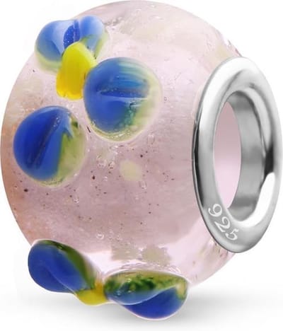 Quiges - 925 - Sterling - zilver - Glazen - Kraal - Bedels - Beads - Glow in the Dark Roze met Blauwe Bloemen - Past op alle bekende merken - Armband GZ073