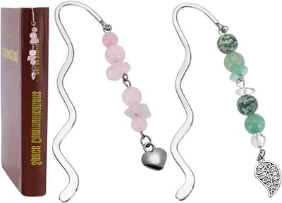 2 Stuks Parelketting met Kristal, Groene Aventurijn en Rozenkwarts - Antieke Legering en Zilveren Haken voor Leraren en Liefhebbers van Lezen