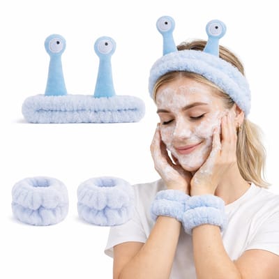BOTC Haarband - Cosmetische Hoofdbanden - Spa Hoofdband & Polsbandjes Set - Slakmotief - Koraalfleece - Elastische - Blauw