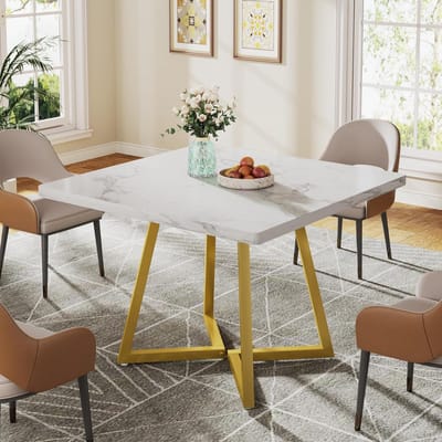 Tribesigns Eettafel Keukentafel voor 4 personen -80 x 80 x 75 cm - Industrieel design - Houten Eettafel voor Eetkamer - Wit en goud