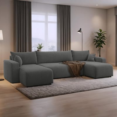 U-bank met opbergruimte Romee - Universeel - Teddy stof - Antraciet - Slaapbank met opbergruimte - Lounge Links of Rechts - Direct Leverbaar - U-zetel - Chaise longue - Zetel met slaapgedeelte - 4 zits - Zitcomfort Medium
