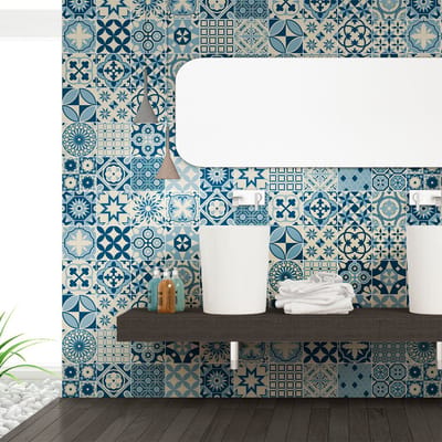 Zelfklevende tegelmuurstickers voor keuken en badkamer - 60 cementtegelstickers, Azulejos Riana Design - 60 stickers, 15x15cm