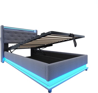 Gestoffeerd kinderbed van 90 x 200 cm met kleurveranderende verlichting en USB-poort, scharnierend hoofdeinde, hydraulisch opbergvak, vakje voor mobiele telefoon, multifunctioneel eenpersoonsbed, linnen grijs.