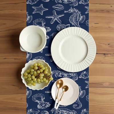 ABAKUHAUS Onderwater tafelloper – marineblauw/wit, 40×300 cm – tafeldecoratie