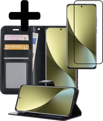 Hoesje - Met Screenprotector - Geschikt voor Xiaomi 12 - Luxe Pasjeshouder - Bookcase Portemonee - Flip Case - Kunstleer Book Case - Flipcase - Book Cover - Walletcase - Portemonneehoes - Telefoonhoesjes - Zwart