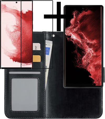 Hoesje - 2 in 1 - Geschikt voor Samsung Galaxy S22 Ultra - Met Screenprotector - En Uitneembare Hard Cover - Bookcase - Wallet Case - Met Pasjeshouder - Book Case - Uitneembaar - Pashouder - Kunstleer - Zwart