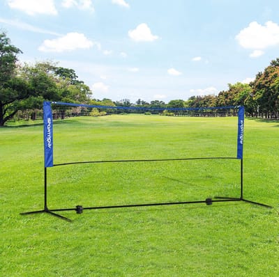 MEUNIQ badmintonnet set 310 x 103 x 107-155 cm verstelbaar met netposts en draagtas, draagbaar sportnet voor binnen en buiten, tuin strand sporthal, blauw