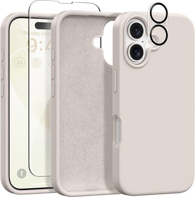 Stravo Siliconen Hoesje geschikt voor iPhone 16 , Rotsgrijs, Met 1X Screenprotector + 1X Cameralensbeschermer, [Zachte Krasbestendige Microvezelvoering], Vloeibare Siliconen Schokbestendige Beschermende Telefoonhoes 6.1"