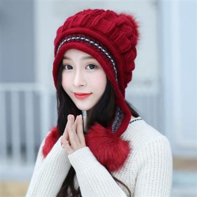 Chapeau d'hiver tricoté chaud en laine doux et mignon chapeau épais de protection des oreilles chapeau en poils de lapin bordeaux