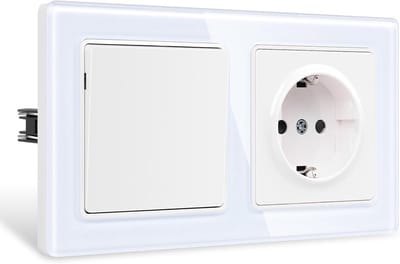 Dubbele Wandschakelaar met Stopcontact Wit - Inbouwmodel met Glazen Frame