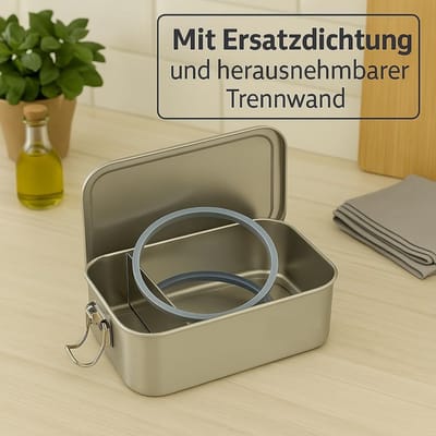 Famanu - Hoogwaardige roestvrijstalen lunchbox, met 2 compartimenten, lunchbox van 850 ml (1 netto-inhoud), waterdicht, vaatwasmachinebestendig, inclusief vervangende siliconen, 18,5 x 14 x 5,5 cm, zilver