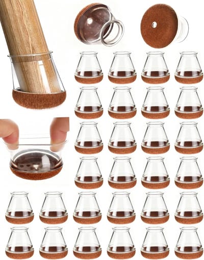 Famanu – Stoelpootdoppen Rond 32 Stuks,Stoelpootbeschermers Siliconen Transparante,Stoeldoppen met Vilten Pads,Beschermkappen Geen Krassen & Minder Lawaai,Antislip voor Stoelen,Tafels,Meubels(14–20 mm)