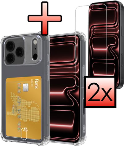 Hoesje - Geschikt voor Apple iPhone 17 Pro - Met 2x Screenprotector - Pashouder - Kaarthouder - Telefoon Hoes Shockproof - Siliconen Case - Back Cover - Shock Proof - Pasjes Houder - Transparant
