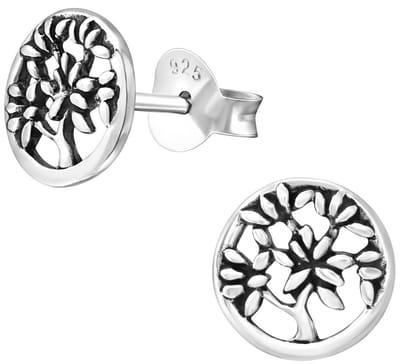 Joy|S - Zilveren ronde oorbellen - 7 mm - boom met blaadjes - geoxideerd