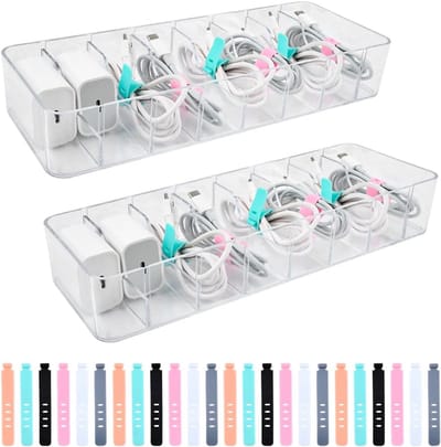 2 stuks kabelopbergdozen met deksel, kabelorganizer, transparant, kabelopslag, kabelsorteerdoos met 24 kabelbinders en 7 verstelbare vakken, kabelbox organizer