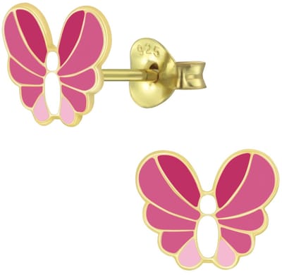 Joy|S - Zilveren vlinder oorbellen - 8 x 7 mm - roze wit - gold plated