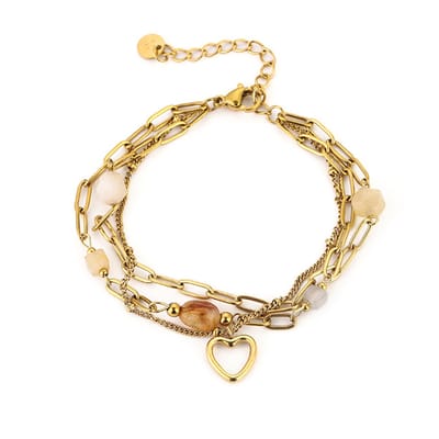 Layered Dames Armband met Hartje & Natuursteen Geel – Goudkleurig Stainless Steel – Kleurvast – Verstelbaar 16 + 3 cm