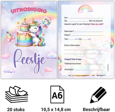 Uitnodiging kinderfeestje Unicorn - Voordeelset 20 stuks - Beschrijfbaar - Uitnodigingskaarten - Uitnodiging verjaardag - uitnodiging verjaardag feest - Uitnodiging kinderfeestje Jongen of Meisje - Uitnodiging feestje - uitnodigingen - Roze