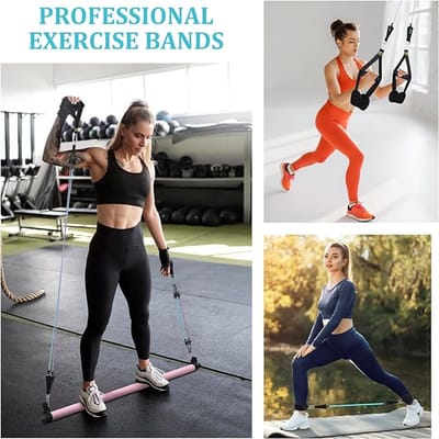 Pilates Bar Set met 6 Weerstandsbanden – Draagbare Home Gym voor Yoga, Pilates & Krachttraining (met Deuranker, Enkelbanden & Trainingsposter)