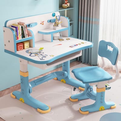 In hoogte verstelbaar kinderbureau met boekenstandaard, lade en groot schrijfbord