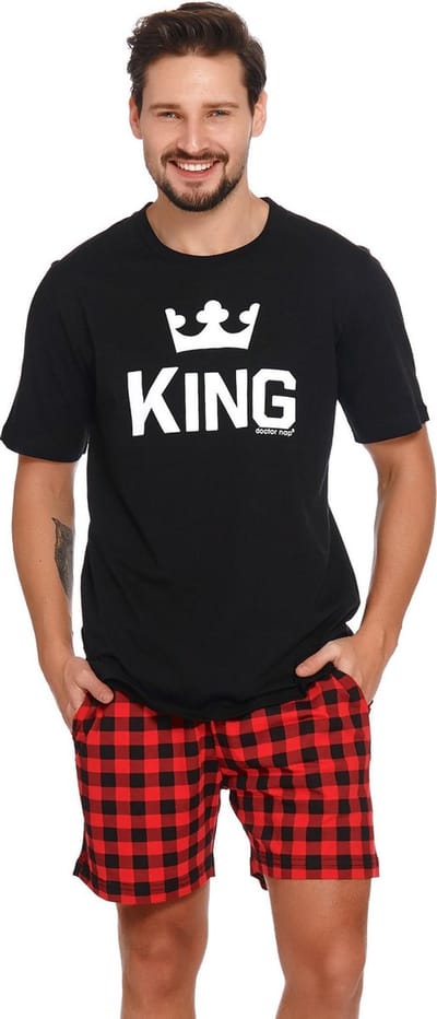 Doctor Nap Katoenen Pyjama Heren Korte Mouw Korte Broek Zomer Shortama Matching Familie King Zwart PMB.9952 M