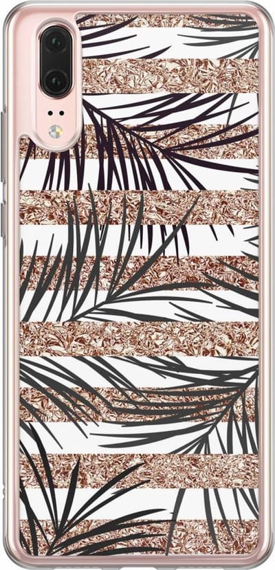 Casimoda® hoesje - Geschikt voor Huawei P20 - Rose Gold Leaves - Siliconen/TPU - Soft Case - Zwart - Bloemen