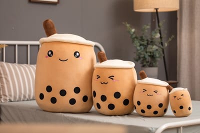 Klikkopers® - Kawaii Kussen - Bubble Tea Knuffel - 25cm tot 30cm - Boba Knuffel - Bruin - Kawaii Knuffel - Squishy - Squish Knuffel
