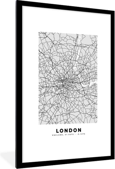 Fotolijst incl. Poster Zwart Wit- Londen - Stadskaart - Plattegrond - Zwart Wit - Kaart - 80x120 cm - Posterlijst