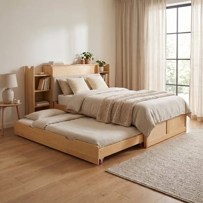 OKWISH Bed 90x200 cm - Uitschuifbaar Met Logeerbed En Opbergruimte - Met Usb En Stopcontact - Zonder Matras - Houtkleur